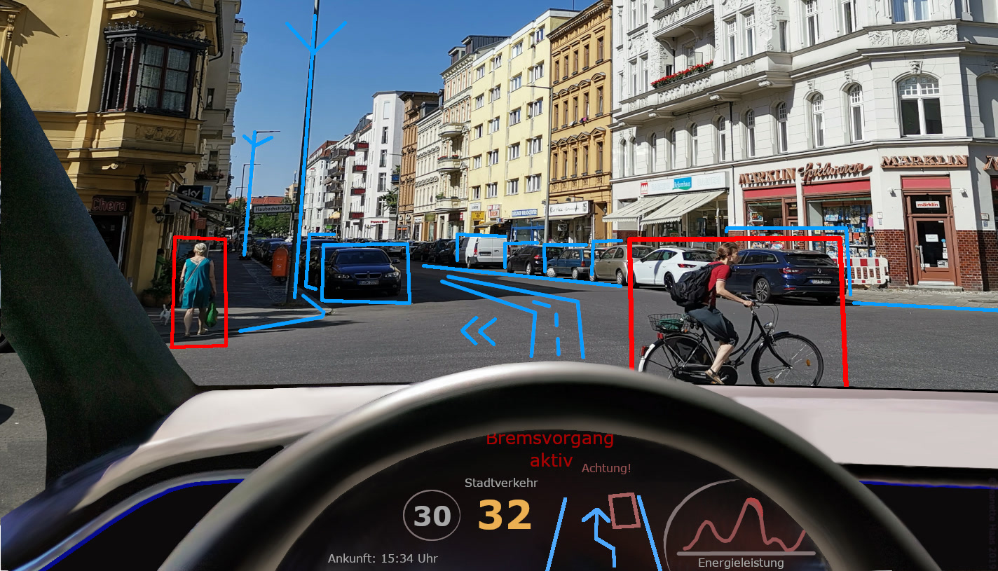 Self driving car see's biker on the road.