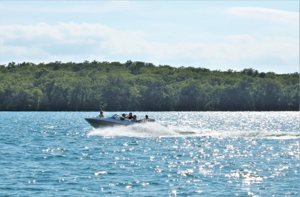 Speedboat cruises safely across the surface of a lake on a sunny day.