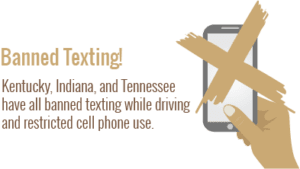 Banned Texting! Kentucky, Indiana and Tennesee have banned texting while driving and restricted cell phone use.